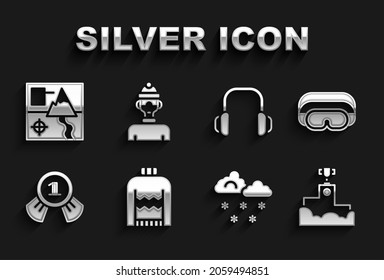 Set Christmas sweater, Ski goggles, Award winner podium, Cloud with snow, Medal, Winter headphones, Folded map and athlete icon. Vector