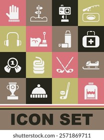 Set Christmas sweater, Sled, First aid kit, Action camera, Shovel in snowdrift, Winter headphones, mitten and Thermos container icon. Vector