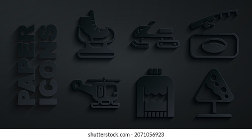 Set Christmas sweater, Winter fishing, Rescue helicopter, Road sign avalanches, Snowmobile and Skates icon. Vector