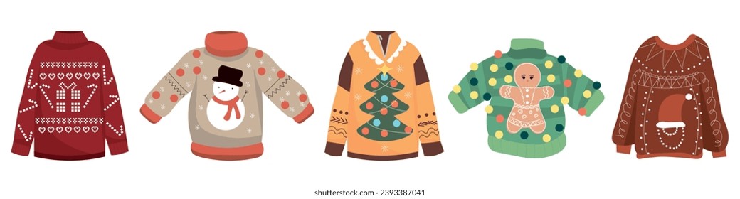 Set of Christmas sweaters on white background