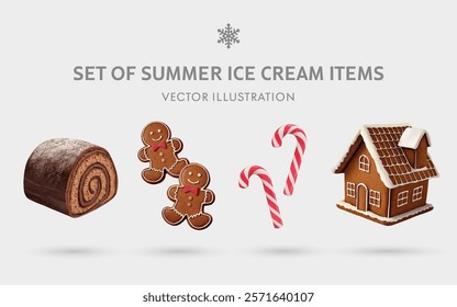 A Set of Christmas Sweet Treats 3D Vector Items: Yule Log, Gingerbread Men, Candy Cane, Gingerbread House