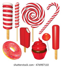 Set of Christmas Sweets and Candies Isolated on White. Ice Creams, Cupcake, Donut, Lollipops, Popsicles and Candy Cane in Red. Vector Low Poly Realistic Illustration.