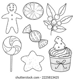 Set of Christmas sweets . Collection of vector doodles