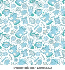 Set of Christmas sweets. Cookies, hot drink, candy. Spice. Seamless vector pattern (background).