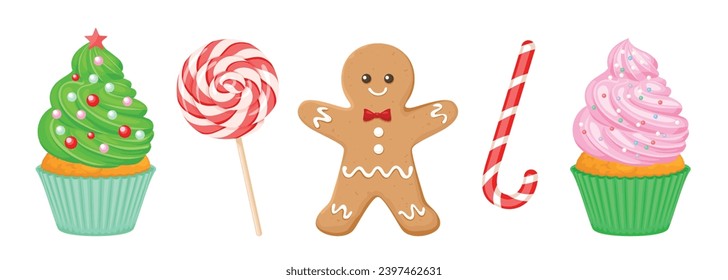 Set of Christmas sweets. Festive cupcakes, gingerbread man, lollipop and candy cane.Vector cartoon illustration. Holiday food icons. 