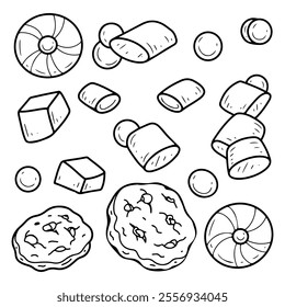 Set of Christmas sweets hand drawn doodle. Candies for the holiday. Santa cookies. Caramel, lollipop, marshmallow, dragee. Celebration event. Vector line art illustration.