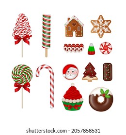 set of christmas sweets. isolated lollipops, candies, chocolates, cookies and cakes