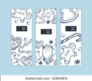  Set of Christmas sweets and New Year gift cards, hand drawing sketch illustration. Vector Collection of sketch decoration object 