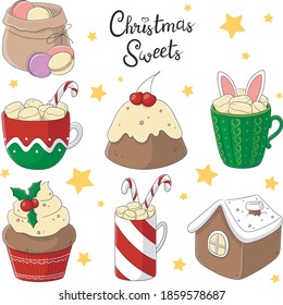 Un conjunto de dulces navideños. Pudding, casa de pan de jengibre, pastel con crema, cerezo y mermelada, una bolsa de macarón. 3 diseños festivos de tazas con malvaviscos, langostas y orejas de conejo. Año nuevo. Ilustración del vector