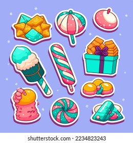 Un conjunto de dulces de navidad, elementos de colección de stickers de caramelos de Navidad. Fiestas de año nuevo