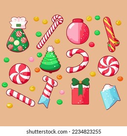 A set of christmas sweets, xmas candy sticker collection with ornament. New-year collection