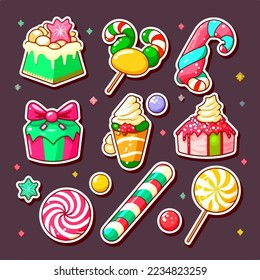 Un conjunto de dulces de navidad, decoración de colección de stickers de caramelos de Navidad. Colección de año nuevo