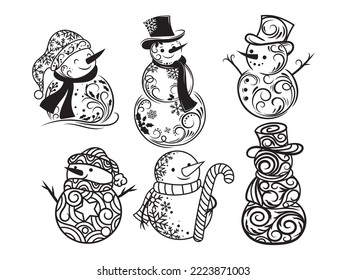 Set of Christmas swirly snowman. Collection of funny stylized  snowmen in hats and scarfs. Fabulous character. Vector illustration of winter symbol. Drawing for children.