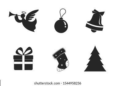 set of Christmas symbol icon. Christmas and New Year design element. isolated vector silhouette image of angel, bell, gift, sock and fir tree