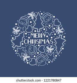 Set of Christmas symbols arranged in a circle. Santa Claus, gift, Christmas decorations and wish "merry Christmas". Design elements for postcard. 