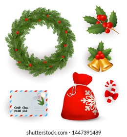 Set of Christmas symbols cartoon illustration. Wreath, mistletoe, jingle bells, candy cane, sack, letter. Christmas concept. Vector illustration can be used for topics like holiday, celebration, event