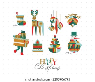Set of Christmas symbols in cubism style sock, tree, cone, tree, decorations, snowman, candle drawing on light background