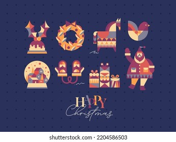 Set of Christmas symbols in cubism style gloves, wreath, gifts, winter snow globe, bird, horse, Santa drawing on blue background