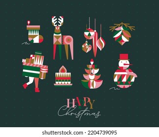 Set of Christmas symbols in cubism style sock, tree, cone, tree, decorations, snowman, candle drawing on green background