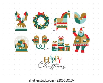 Set of Christmas symbols in cubism style gloves, wreath, gifts, winter snow globe, bird, horse, Santa drawing on light background