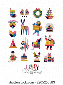 Set of Christmas symbols in cubism style sock, gloves, wreath, tree, cone, deer, gifts, winter snow globe, bird, hat, decorations, horse, Santa, snowman, pie, candle drawing on white background