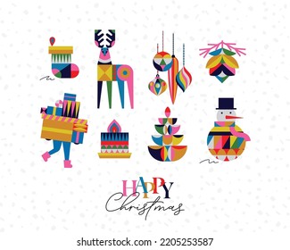 Set of Christmas symbols in cubism style sock, tree, cone, tree, decorations, snowman, candle drawing on white background