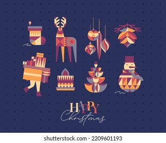 Set of Christmas symbols in cubism style sock, tree, cone, tree, decorations, snowman, candle drawing on blue background