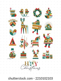 Set of Christmas symbols in cubism style sock, gloves, wreath, tree, cone, deer, gifts, winter snow globe, bird, hat, decorations, horse, Santa, snowman, pie, candle drawing on light background