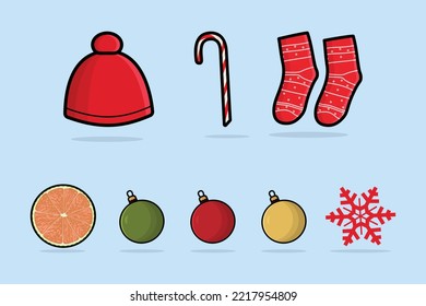 Set of Christmas symbols and decorations vector icon illustration. Holiday objects icon design concept. Christmas element, Merry Christmas, Christmas objects, Winter festival, holiday decoration.