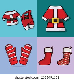 Set of Christmas symbols and decorations vector illustration. Holiday objects icon design concept. Christmas socks, Santa Claus Coat and Red Gloves vector design. Collection of Christmas elements.