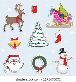 Set of Christmas symbols. Deer, Christmas tree, snowman,Santa Claus, gifts.Cartoon vector illustration