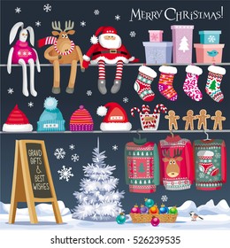 Set  of Christmas symbols, designed in the style of a showcase of the Gift shop for greeting card, banner or poster for sales and other Christmas and New Year events.