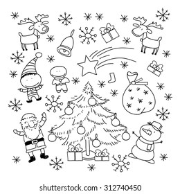 Set of Christmas symbols and elements, black and white
