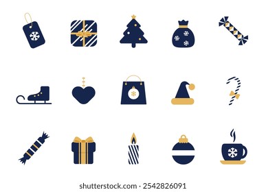 Set of Christmas Symbols. Luxury Christmas Design Elements. Holiday Stickers, Icons. Lollypops, Gift Boxes, Baubles, Christmas Balls, Tree, Santa Hat. Vector Illustrations in Dark Blue and Gold