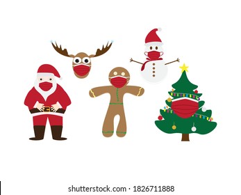 Set of Christmas symbols - Santa Claus, Gingerbread man cookie, Decorated Christmas tree, Reindeer head and Snowman - wearing Red face masks on White background