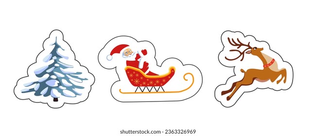 Set of Christmas symbols Santa, deer, Christmas tree. Santa Claus waves his hands on a sleigh with a deer and a Christmas tree in the snow. Vector illustration