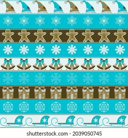 Set of Christmas symbols. Snowflakes, Christmas hats, cookies, sledges, boxes, bells. Vector illustration