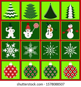 Set of Christmas symbols. Christmas tree, snowflakes, Christmas balls, snowmen. Vector illustration