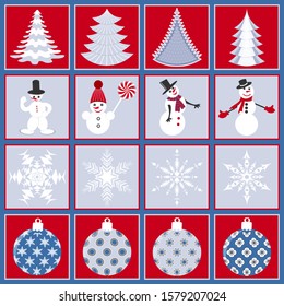 Set of Christmas symbols. Christmas tree, snowflakes, Christmas balls, snowmen. Vector illustration