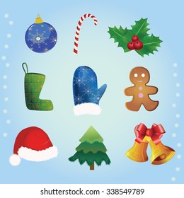 A set of Christmas symbols vector on blue background