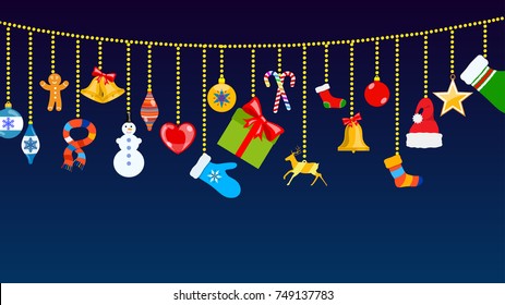 Set of Christmas symbols and warm winter clothes in flat style hanging on ropes of balls