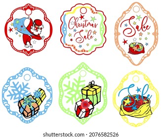 Set Of Christmas Tag, Label. For A Discount Or Sale. Colorful Ornament With A Pattern In The Center. New Year's Illustration.The Inscription Christmas Sale. Santa Claus And Boxes With Gifts. Different