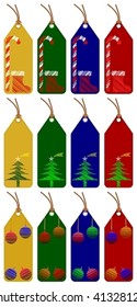 Set of christmas tags with 4 different colors on white background