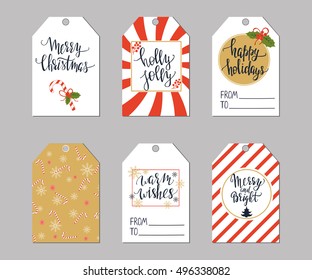 Set of Christmas tags with candy canes, stripes and modern lettering