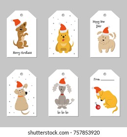 Set of Christmas tags with cartoon dogs. Vector illustration.