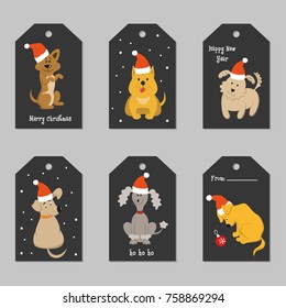 Set of Christmas tags with cartoon dogs. Vector illustration.