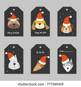 Set of Christmas tags with cartoon dogs. Vector illustration.