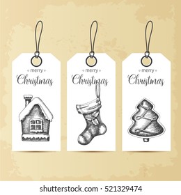 Set of Christmas tags with characters and objects hand drawn. Vector gingerbread and Christmas sock