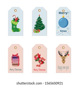 Set of christmas tags with congratulatory text on a white isolated background. Vector illustration.
