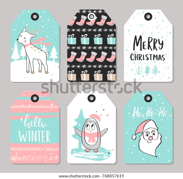 Set Christmas Tags Cute Animals Hand: Stock-Vektorgrafik (Lizenzfrei ...